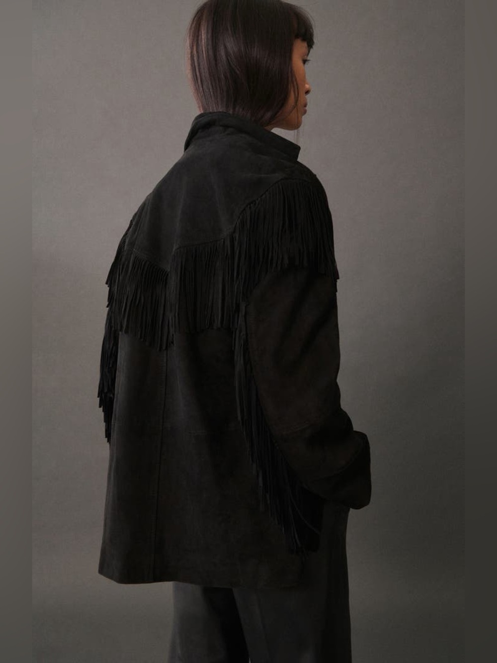 Mango NWT Medium Black Fringe Suede Leather Jacket - Picture 5 of 13